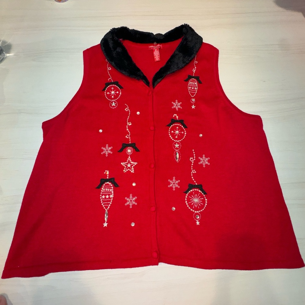 Vintage Christmas Sweater Vest Ornament with Removable Fur Collar Plus Size 2x